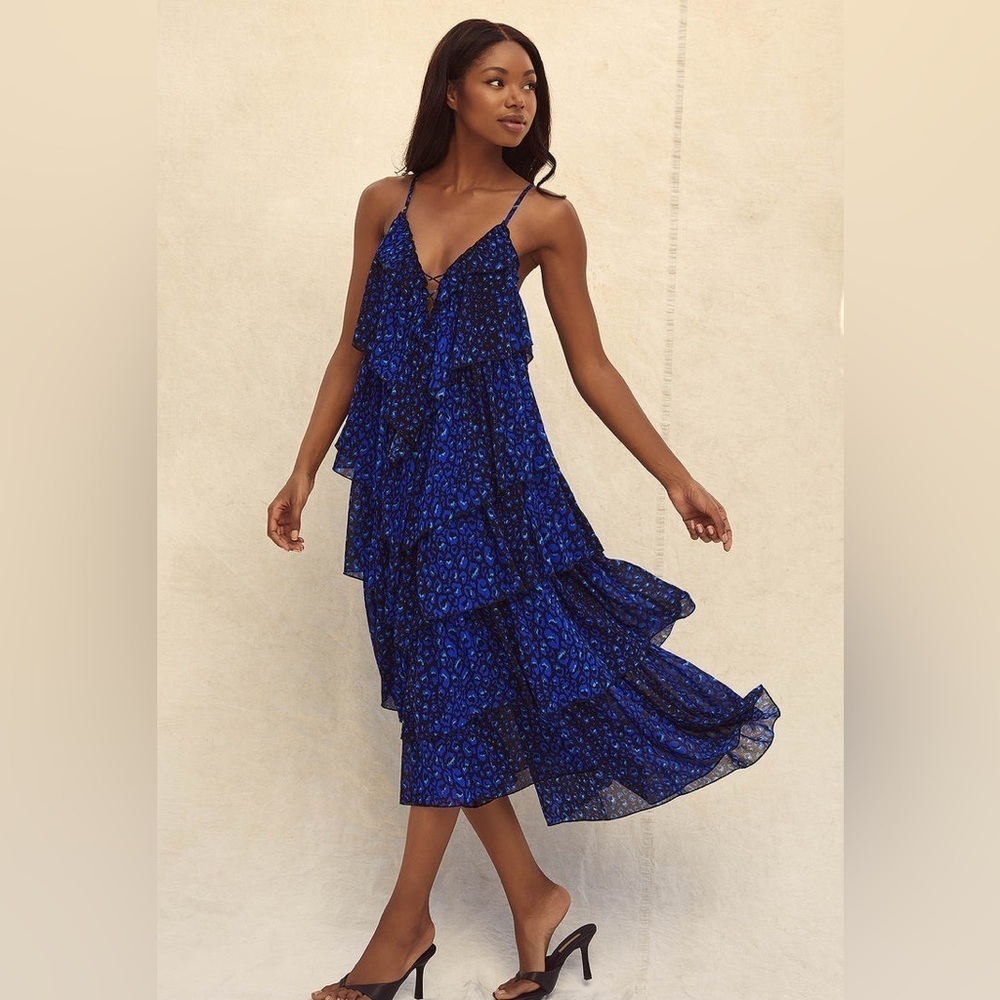New Lulus Tiers of Love Black and Blue Print Tiered Ruffled Maxi Dress medium